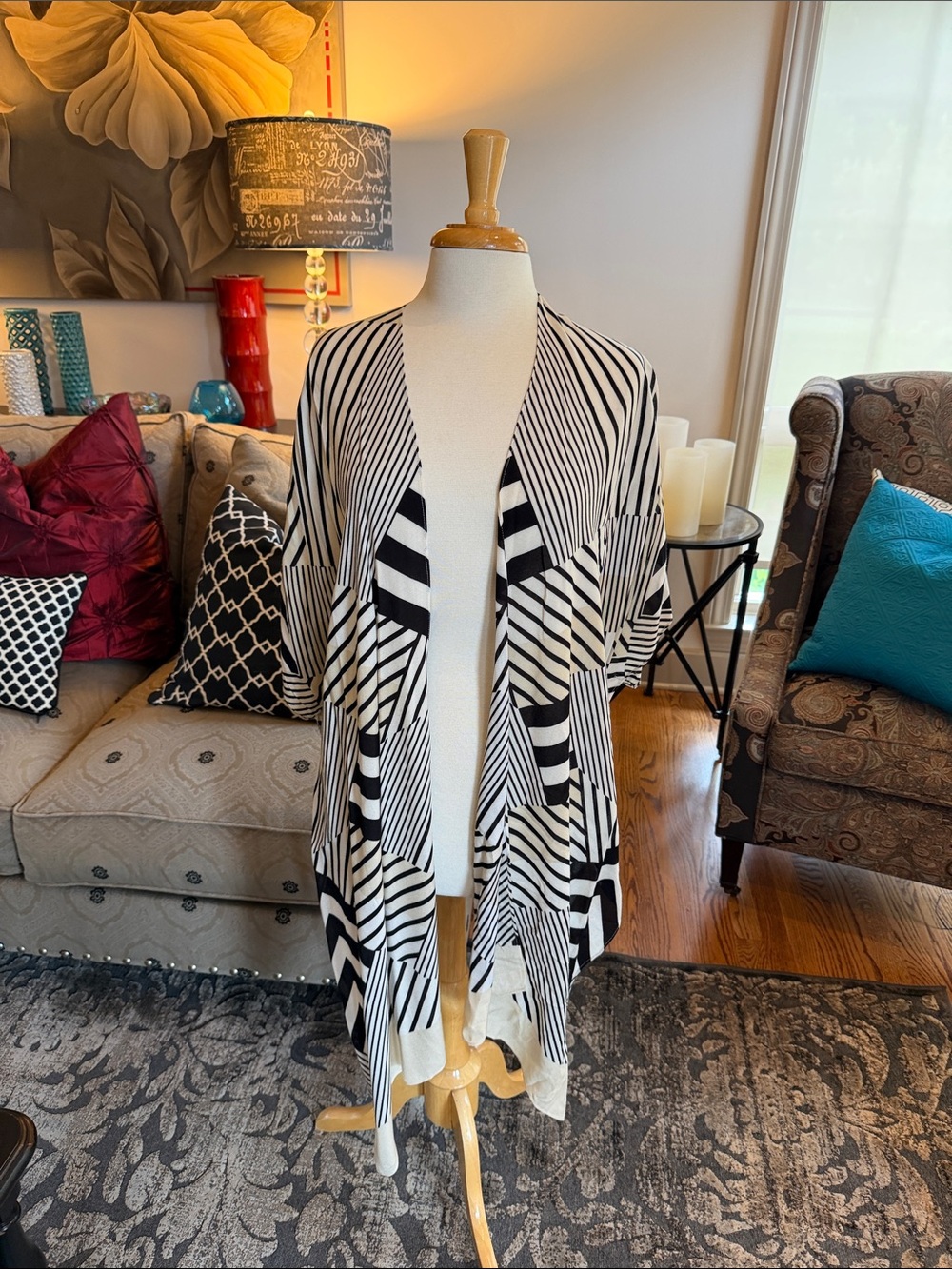 Cabi unwind coverup Black & White Striped Draped Kimono Shawl